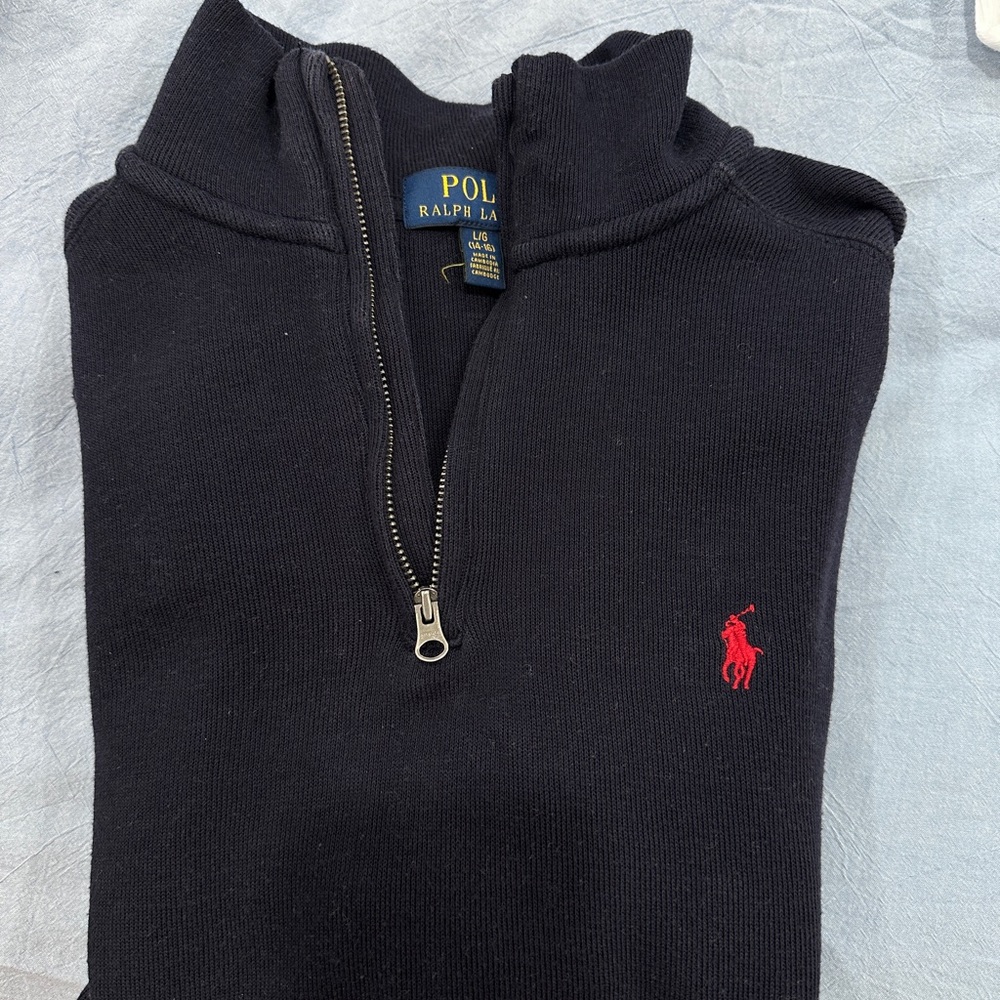 Polo by Ralph Lauren Men’s Navy Zip-Up Sweater with Red Pony